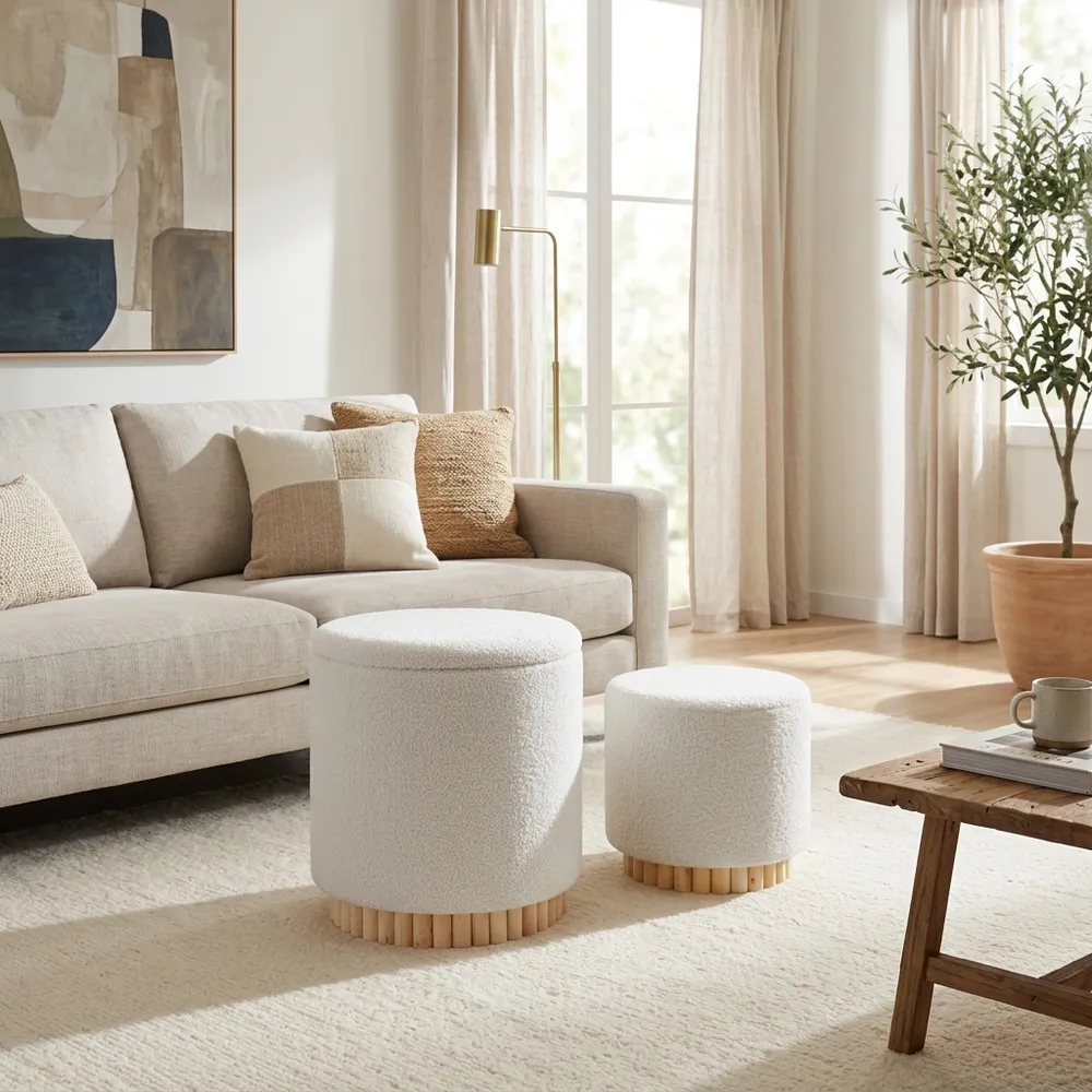 CALRUN SET OF 2 WHITE OTTOMANS 20 (IN)