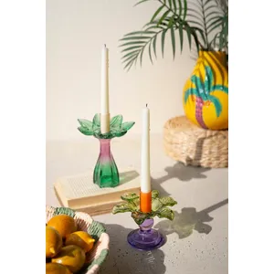 Set of 2 Colored Glass Flower Taper Candle Holders 4