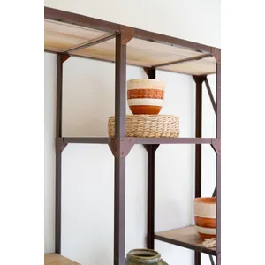 Iron and Wood Display with Alternating Shelves and Iron Casters 3