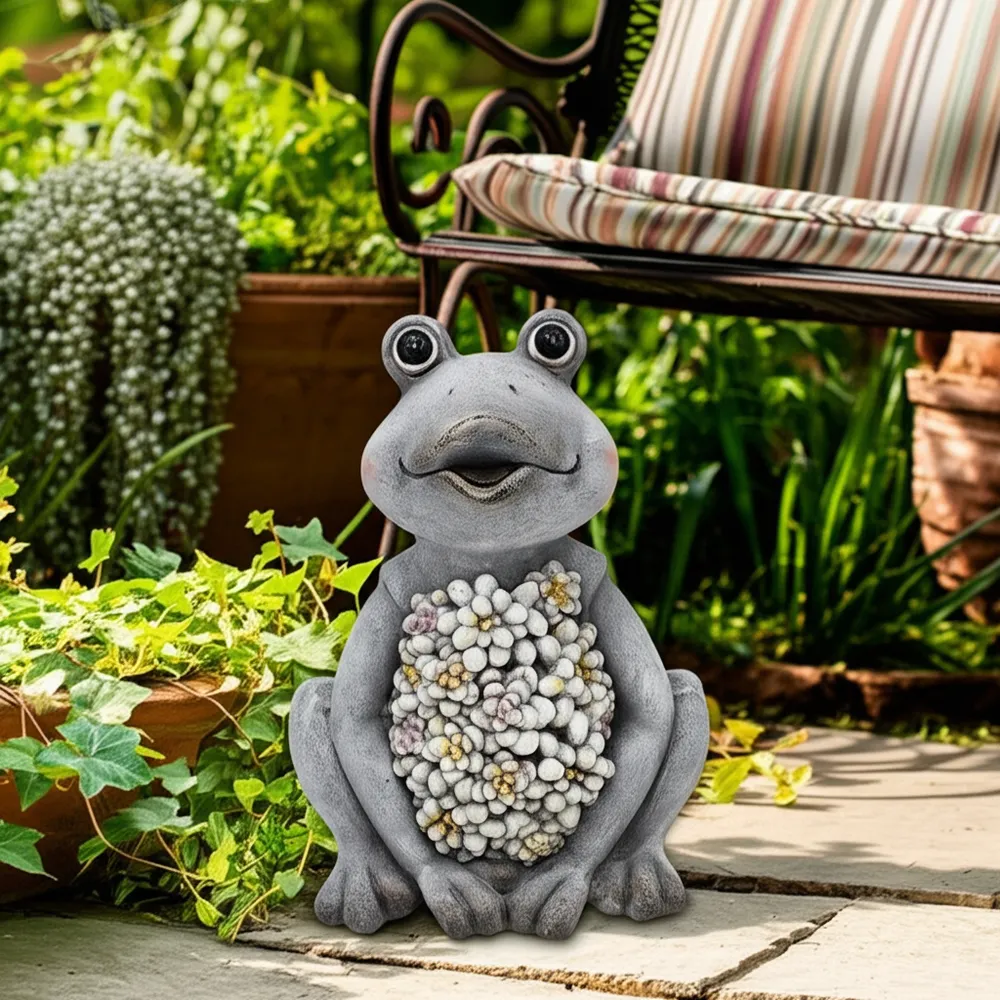 13X10" SITTING FROG WITH SOLAR FLOWERS, GREY MULTI