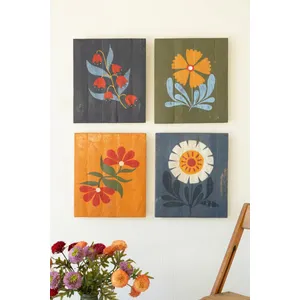 Set of 4 Hand-Painted Florals on Recycled Wood 1