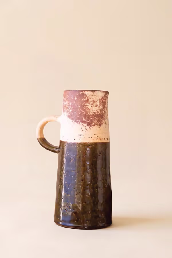Tall Single Handle Brown and White Pitcher Vase