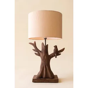 Hand-Carved Mango Wood Tree with Bird Lamp Base with Fabric Shade 3