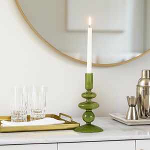 7" VINTAGE GLASS TAPER CANDLE HOLDER, OLIVE 2
