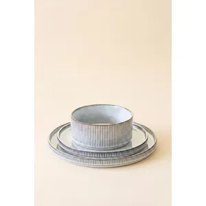 Set of 3 Blue Ceramic Dinner Plate, Salad Plate and Bowl with Ridges 3