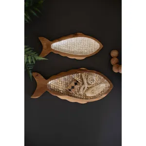 Set of 2 Carved Teak Fish with Capiz Detail 1