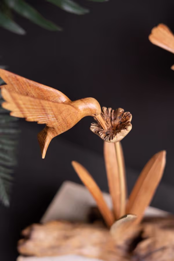 Repurposed Wood Sculpture with Hand-Carved Humming Bird
