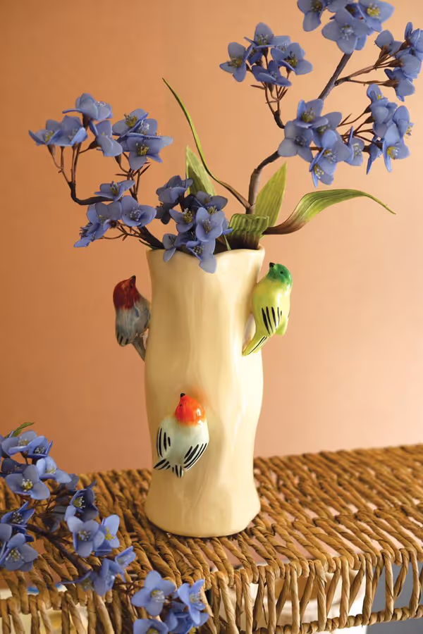 Ceramic Log Vase with Colorful Birds