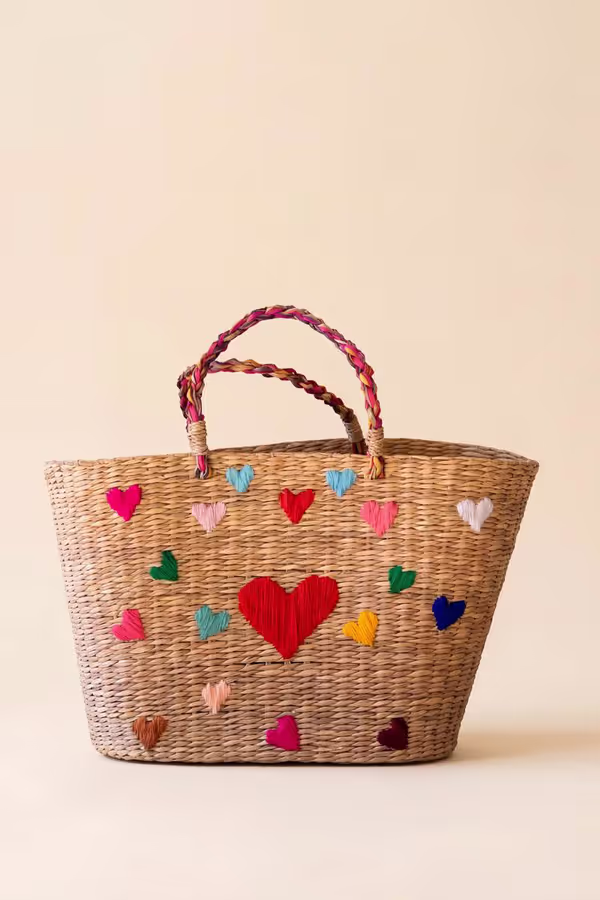 Seagrass Basket with Embroidered Hearts