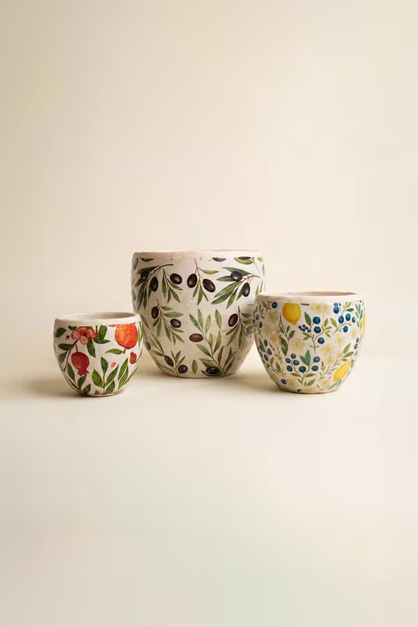 Set of 3 Cement Planters with Olives, Lemons, and Pomegranates