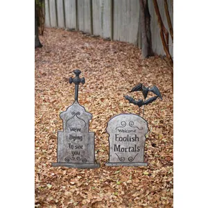 Set of 2 Hand-Hammered Painted Metal Tombstone Yard Stakes 1