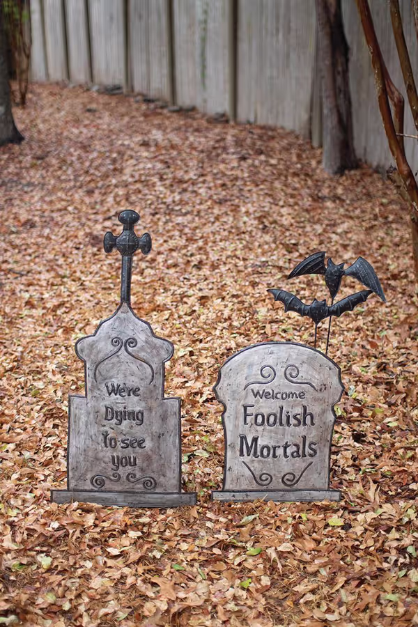 Set of 2 Hand-Hammered Painted Metal Tombstone Yard Stakes