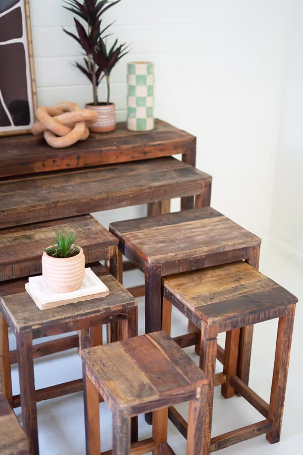 Set of 9 Recycled Wood Display Tables