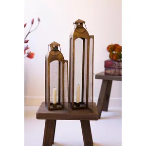 Set of 2 Antique Brass Taper Candle Lanterns with Wire Screen 2