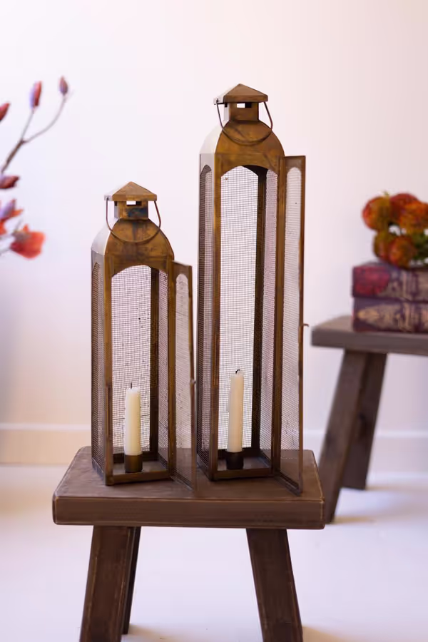 Set of 2 Antique Brass Taper Candle Lanterns with Wire Screen