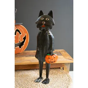 Recycled Iron Standing Black Halloween Cat Holding Pumpkin 1