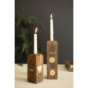 Set of 2 Hand-Painted Recycled Wood Taper Candle Holders 1