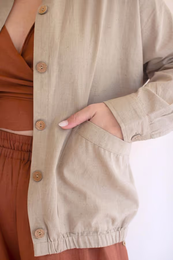 Lightweight Button-Front Bomber Jacket with Front Pockets / Oatmeal