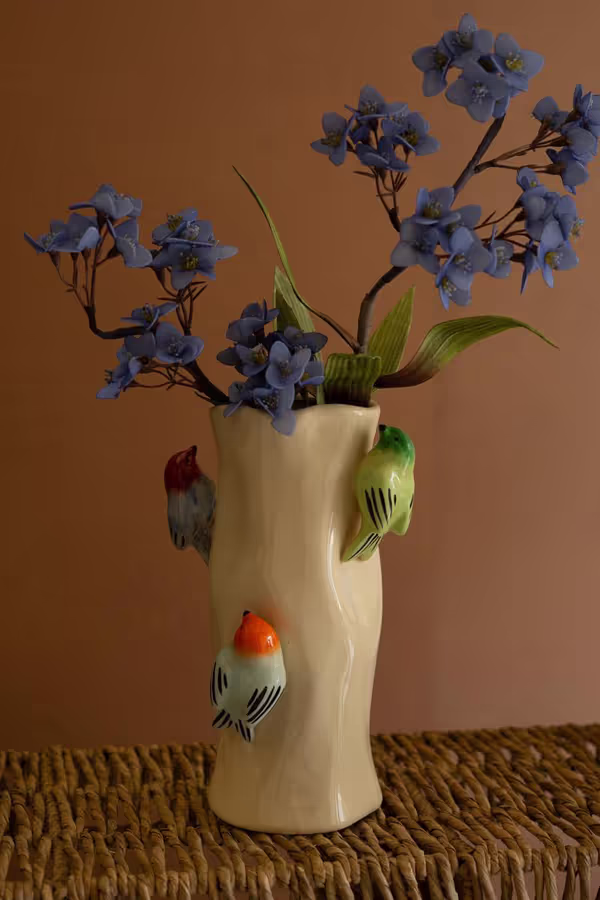 Ceramic Log Vase with Colorful Birds