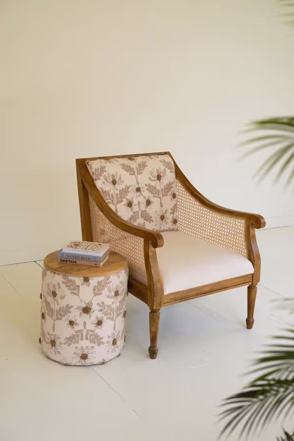 Mango Wood and Cane Arm Chair with Embroidery Back