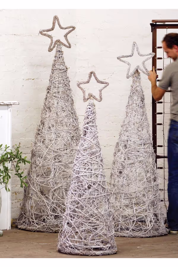 Set of 3 Whitewash Giant Iron Twig Topiaries with Star Finials