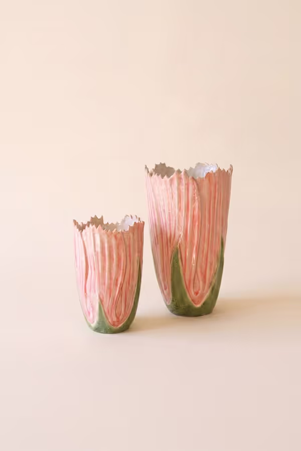 Set of 2 Pink and Green Ceramic Vases