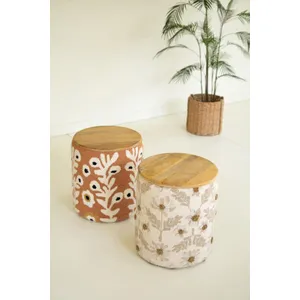 Round Embroidery Accent Table with Mango Wood Top 3