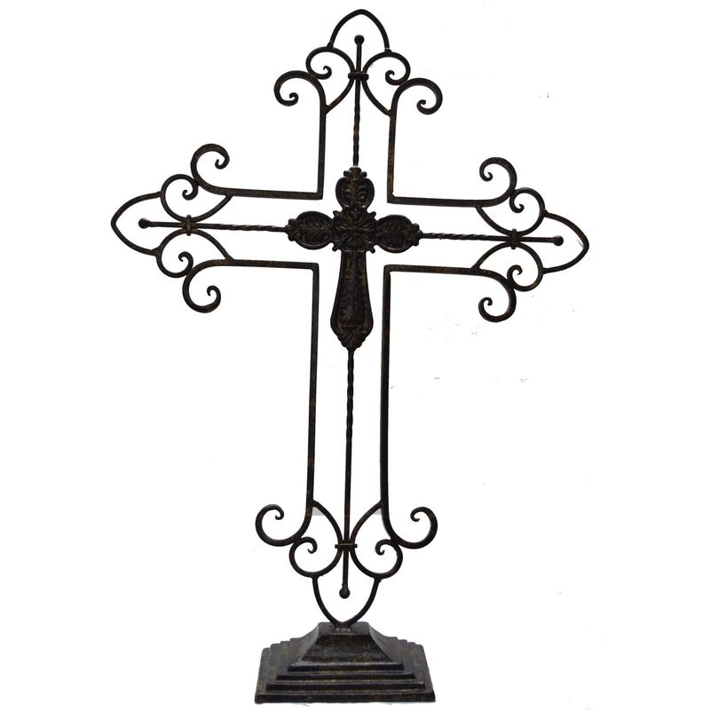 22" x 18.5" Antique Black Metal Cross with Base