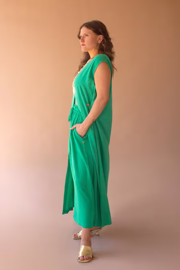 Elastic and Button Closure Waist Pant / Kale