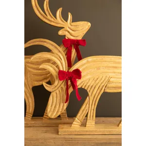 Set of 2 Carved Mango Wood Reindeer with Red Velvet Ribbon and Painted Gold Detail 3
