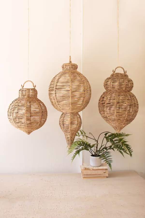 Set of 3 Large Woven Seagrass and Iron Ornaments