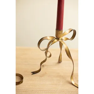 Set of 2 Antique Brass Bow Taper Candle Holders 2