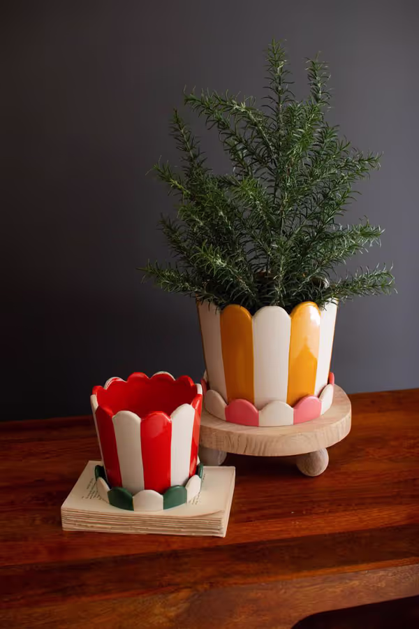 Set of 2 Striped Ceramic Flower Pots with Trays