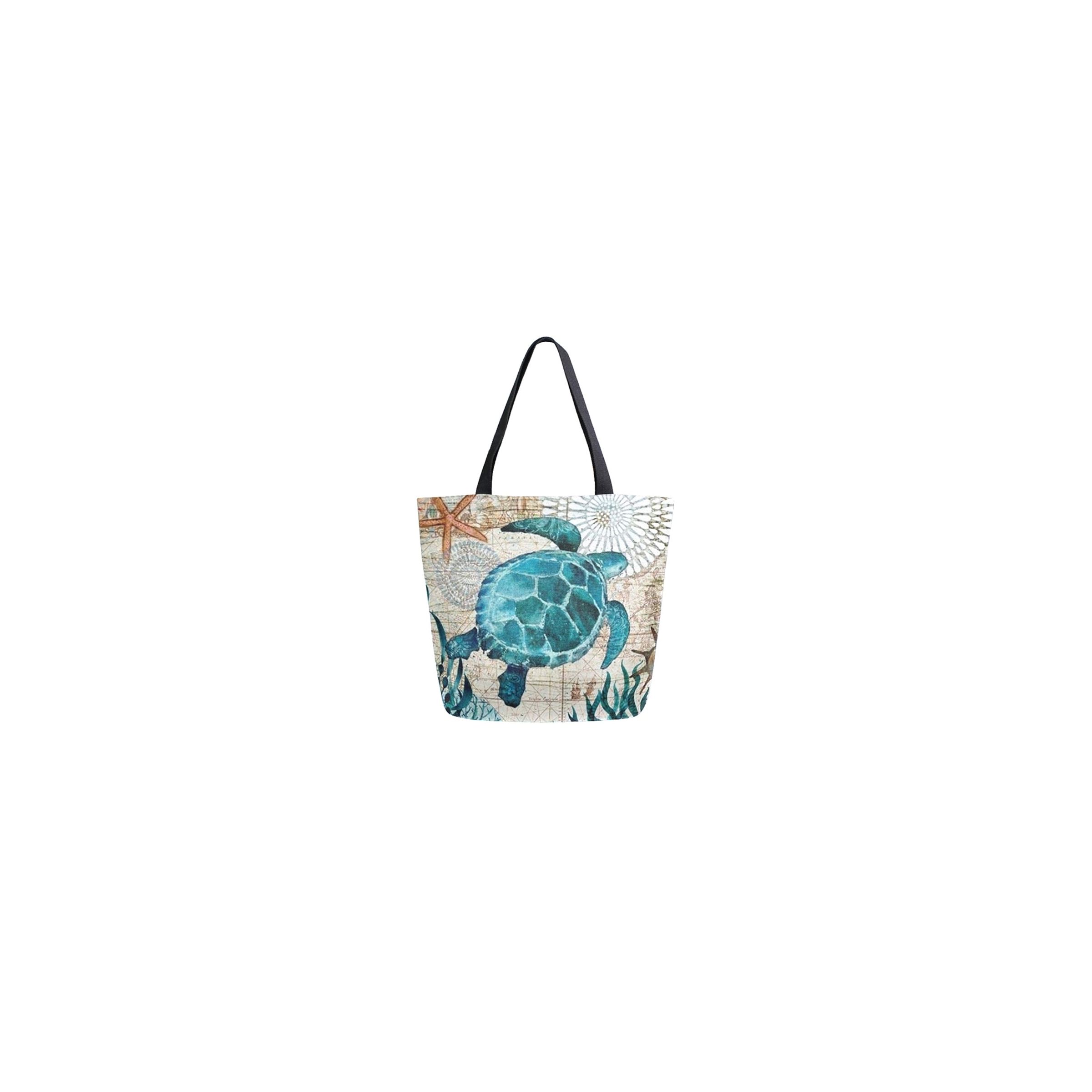 LARGE TOTE W WOVEN HANDLE - WATERCOLOR TURTLES