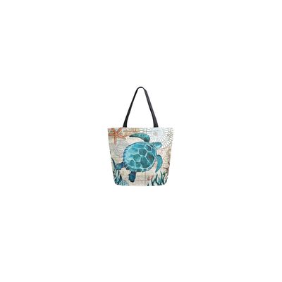 LARGE TOTE W WOVEN HANDLE - WATERCOLOR TURTLES