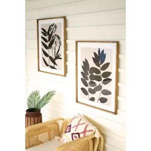 Set of 2 Framed Black Leaf Prints Under Glass 1