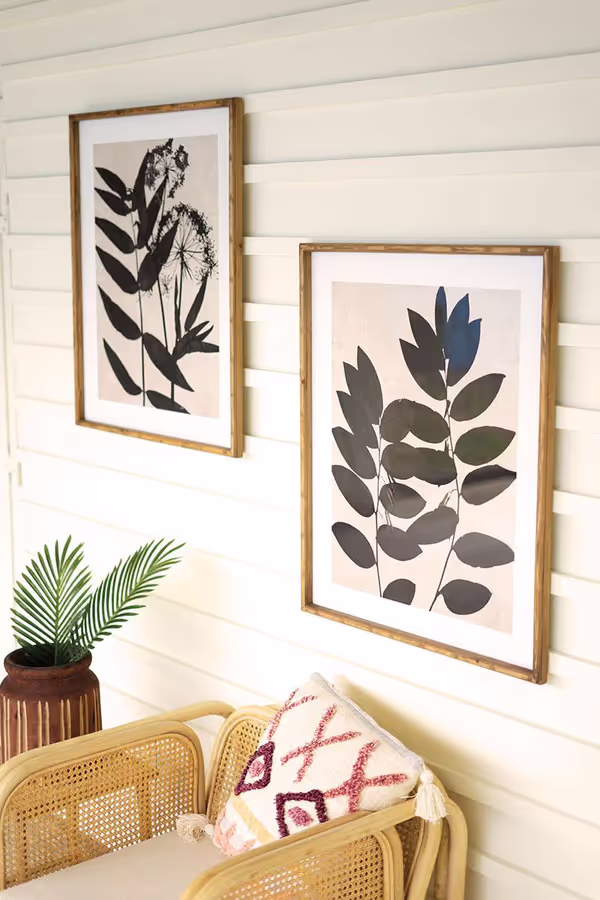 Set of 2 Framed Black Leaf Prints Under Glass
