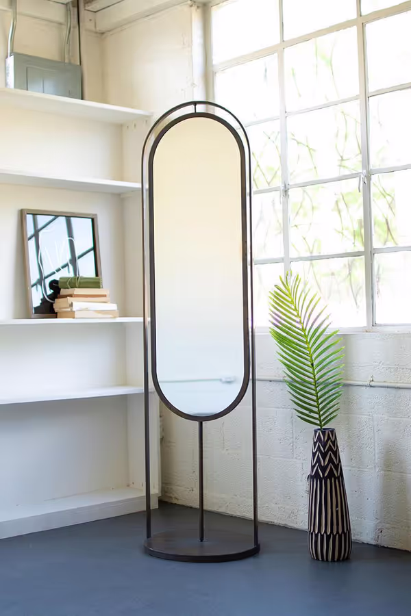 Tall Oval Floor Mirror with Rack and Basket on Back