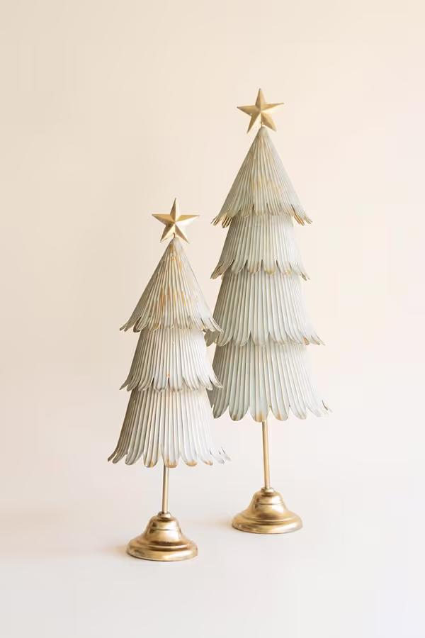 Set of 2 Antique Gold Metal Christmas Topiaries