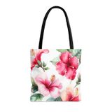 LARGE TOTE W WOVEN HANDLE - WATERCOLOR HIBISCUS 1