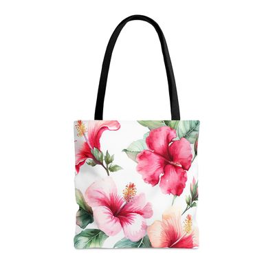 LARGE TOTE W WOVEN HANDLE - WATERCOLOR HIBISCUS
