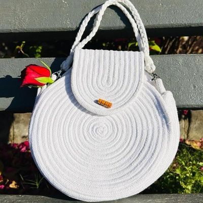 WHITE HIP BAG W ROPE STRAP & JUTE - CORAL