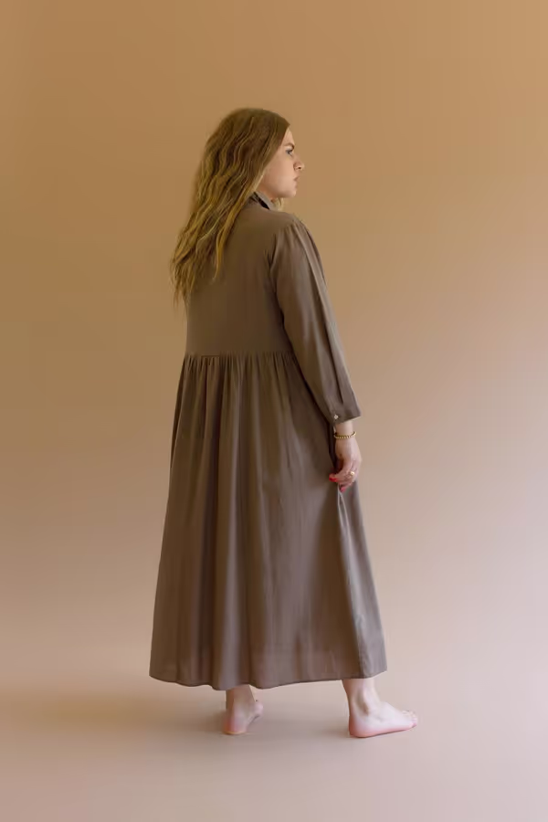 Long-Sleeve Buttondown Dress with Pockets - Mocha