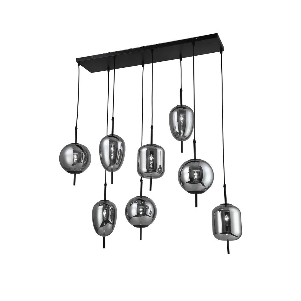 METAL 47" PENDANT LAMP WITH 8 LIGHT, SMOKE  GLASS 