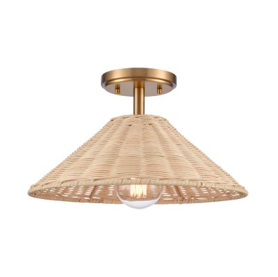 Rydell 14″ Wide 1-Light Semi Flush Mount - Brushed Gold and Rattan