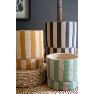 Set of 3 Striped Clay Planters with Trays 2