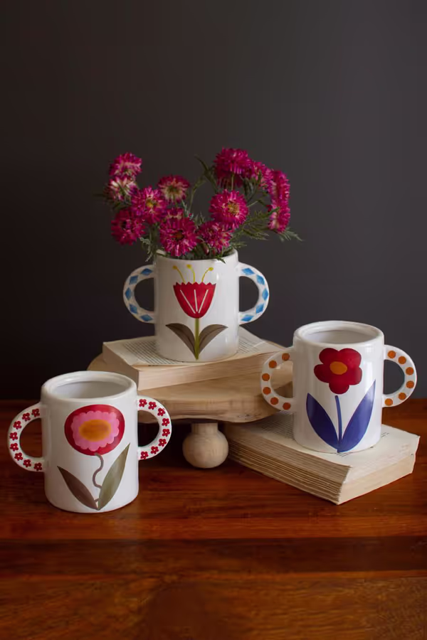 Set of 3 Ceramic Double Handle Vases with Flower Detail