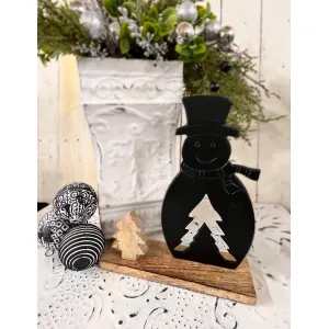 Aluminum Black Snowman with Mango Wood Tree 9x10.25in 2