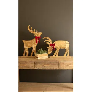 Set of 2 Carved Mango Wood Reindeer with Red Velvet Ribbon and Painted Gold Detail 1