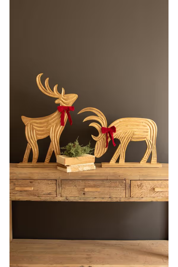 Set of 2 Carved Mango Wood Reindeer with Red Velvet Ribbon and Painted Gold Detail
